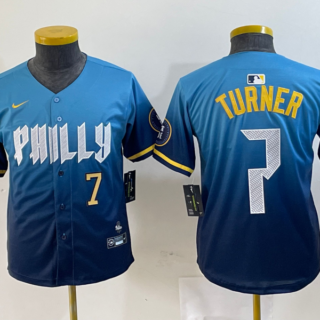 Youth Philadelphia Phillies #7 Trea Turner Blue 2024 City Connect Limited Stitched Jersey