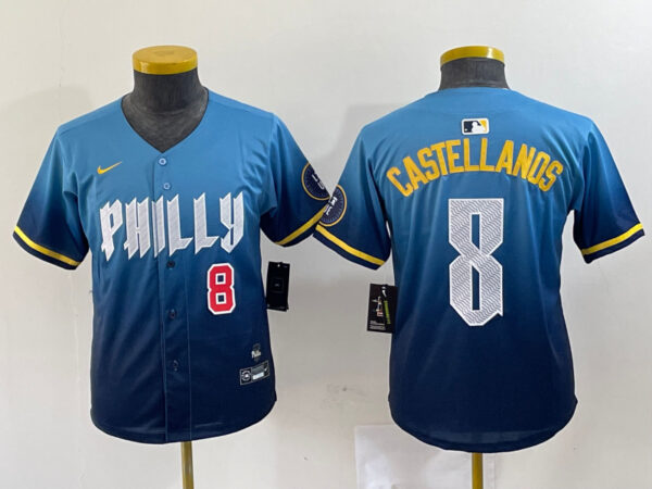 Youth Philadelphia Phillies #8 Nick Castellanos Blue 2024 City Connect Limited Stitched Jersey