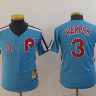 Youth Phillies 3 Bryce Harper Light Blue Youth Cool Base Cooperstown Jersey