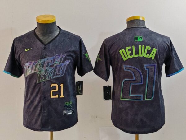 Youth Tampa Bay Rays #21 Jonny DeLuca Charcoal 2024 City Connect Limited Stitched Baseball Jerseys