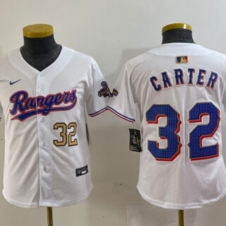 Youth Texas Rangers #32 Evan Carter White Gold Stitched Baseball Jersey(Run Small)
