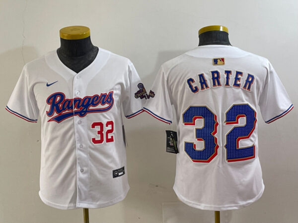 Youth Texas Rangers #32 Evan Carter White Gold Stitched Baseball Jersey(Run Small)