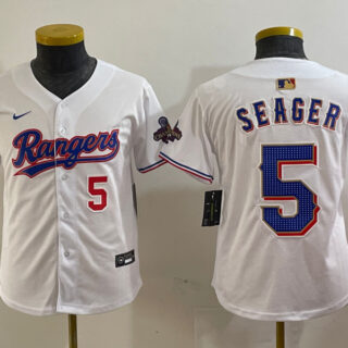 Youth Texas Rangers #5 Corey Seager White Gold Stitched Baseball Jersey(Run Small)