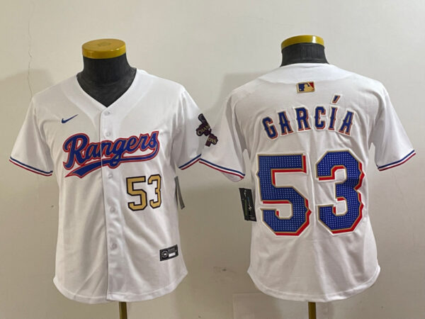 Youth Texas Rangers #53 Adolis García White Gold Cool Base Stitched Baseball Jersey