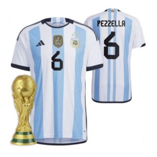 Men's German Pezzella Argentina National Team White Home 3 Stars 2022 World Cup Champions Jersey