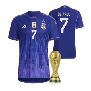Men's Rodrigo De Paul Argentina National Team Purple Away 3 Stars 2022 World Cup Champions Jersey