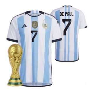 Men's Rodrigo De Paul Argentina National Team White Home 3 Stars 2022 World Cup Champions Jersey
