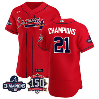 Men's Atlanta Braves Champions 2021 World Series Champions Stitched Jersey Flex Base Red