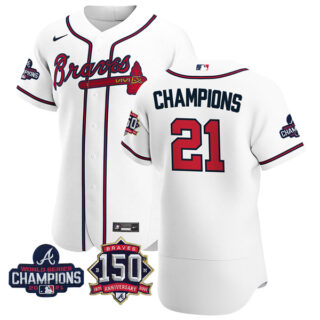 Men's Atlanta Braves Champions 2021 World Series Champions Stitched Jersey Flex Base White Home