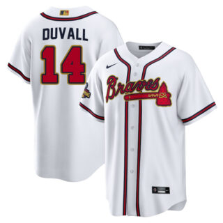 Men's Flex Base Atlanta Braves Adam Duvall 2022 Gold Program White Stitched Jersey