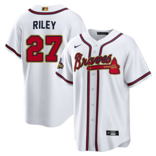 Men's Flex Base Atlanta Braves Austin Riley 2022 Gold Program White Stitched Jersey