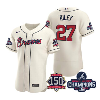 Men's Atlanta Braves Austin Riley 2021 World Series Champions Stitched Jersey Flex Base Cream