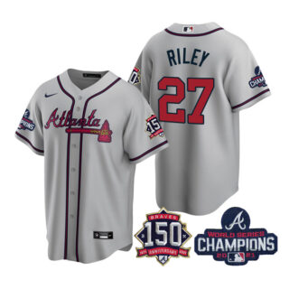 Youth Atlanta Braves Austin Riley 2021 World Series Champions Stitched Jersey Cool Base Gray