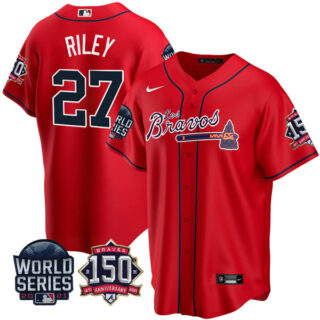 Men's Atlanta Braves Austin Riley Los Bravos 2021 World Series Stitched Jersey - Red