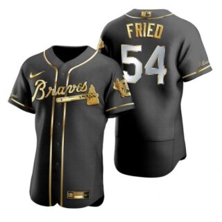 Men's #54 Max Fried Atlanta Braves Flex Base Jersey Black Golden