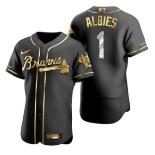 Men's #1 Ozzie Albies Atlanta Braves Flex Base Jersey Black Golden