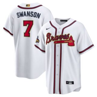 Men's Cool Base Atlanta Braves Dansby Swanson 2022 Gold Program White Stitched Jersey