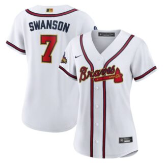 Women's Atlanta Braves Dansby Swanson 2022 Gold Program White Stitched Jersey