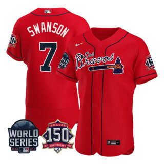 Men's Atlanta Braves Dansby Swanson Los Bravos 2021 World Series Stitched Jersey - Red