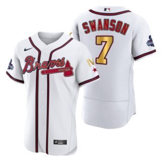 Men's Atlanta Braves Dansby Swanson 2022 White Gold Program 4-Time World Series Champions Jersey