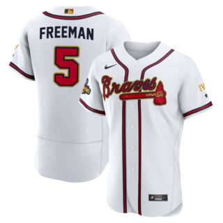 Men's Flex Base Atlanta Braves Freddie Freeman 2022 Gold Program White Stitched Jersey