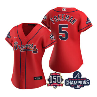 Women's Atlanta Braves Freddie Freeman 2021 World Series Champions Stitched Jersey Red