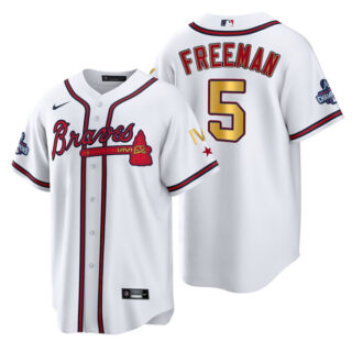 Men's Atlanta Braves Freddie Freeman 2022 White Gold Program 4-Time World Series Champions Jersey