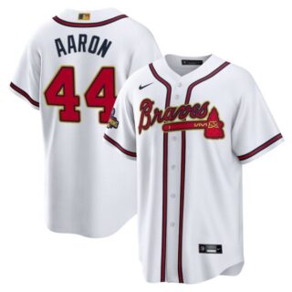 Men's Cool Base Atlanta Braves Hank Aaron 2022 Gold Program White Stitched Jersey