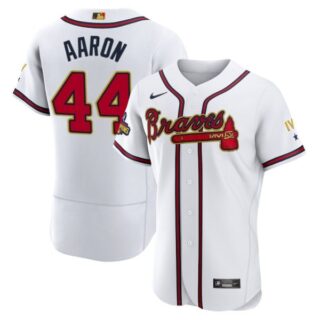 Men's Flex Base Atlanta Braves Hank Aaron 2022 Gold Program White Stitched Jersey