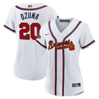 Women's Atlanta Braves Marcell Ozuna 2022 Gold Program White Stitched Jersey