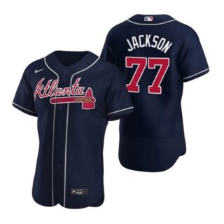 Men's #77 Luke Jackson Atlanta Braves Flex Base Jersey Navy Red