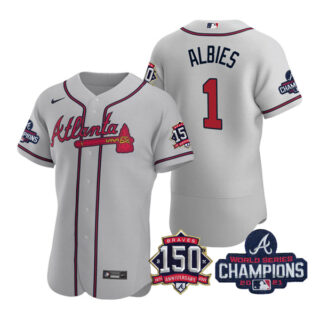 Men's Atlanta Braves Ozzie Albies 2021 World Series Champions Stitched Jersey Flex Base Gray