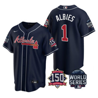 Youth Atlanta Braves Ozzie Albies 2021 World Series Stitched Jersey Cool Base Navy