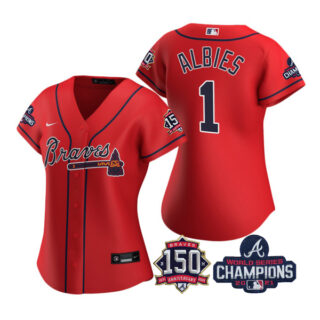 Women's Atlanta Braves Ozzie Albies 2021 World Series Champions Stitched Jersey Red