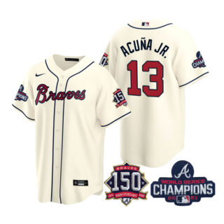 Youth Atlanta Braves Ronald Acuna Jr. 2021 World Series Champions Stitched Jersey Cool Base Cream