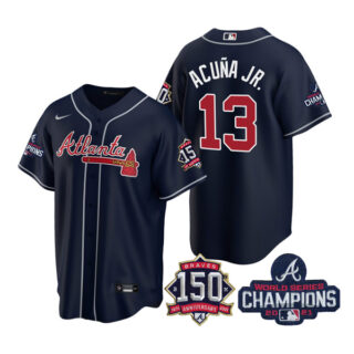 Youth Atlanta Braves Ronald Acuna Jr. 2021 World Series Champions Stitched Jersey Cool Base Navy