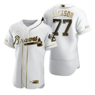 Men's #77 Luke Jackson Atlanta Braves Flex Base Jersey White Golden