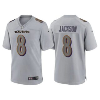 Men's Baltimore Ravens Lamar Jackson Gray Atmosphere Fashion Stitched Jersey