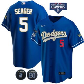 Men's Los Angeles Dodgers Corey Seager Jersey World Series Champions Special Edition Royal Gold