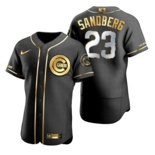 Men's Ryne Sandberg Chicago Cubs Flex Base Jersey Black Golden