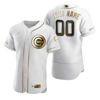 Men's Custom Chicago Cubs Flex Base Jersey White Golden