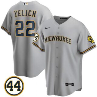 Men's #22 Christian Yelich Milwaukee Brewers Navy Jersey Cool Base Gray