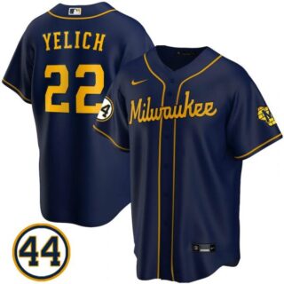 Men's #22 Christian Yelich Milwaukee Brewers Navy Jersey Cool Base Navy