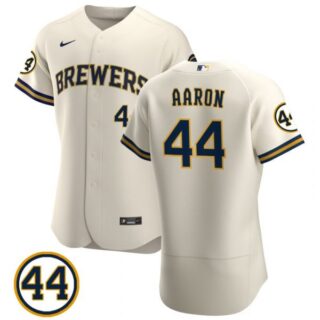 Men's #44 Hank Aaron Milwaukee Brewers Cream Jersey Flex Base Cream