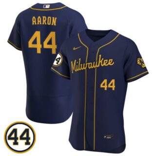 Men's #44 Hank Aaron Milwaukee Brewers Cream Jersey Flex Base Navy