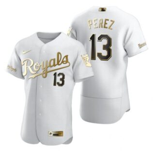 Men's Salvador Perez Kansas City Royals Flex Base Jersey White Golden