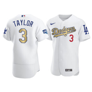 Men's Los Angeles Dodgers #3 Chris Taylor Flex Base Jersey Stitched White Gold Program