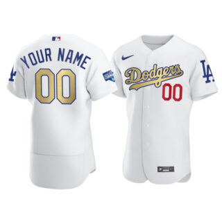 Men's Los Angeles Dodgers Custom Flex Base Jersey Stitched White Gold Program
