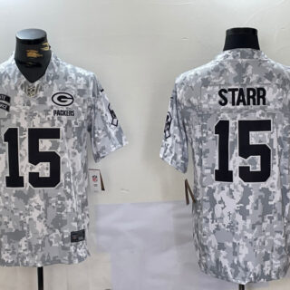 men's green bay packers #15 bart starr 2024 f.u.s.e arctic camo salute to service limited stitched football jersey