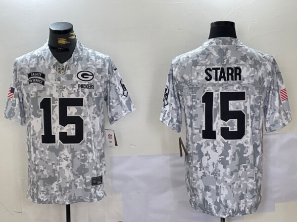men's green bay packers #15 bart starr 2024 f.u.s.e arctic camo salute to service limited stitched football jersey